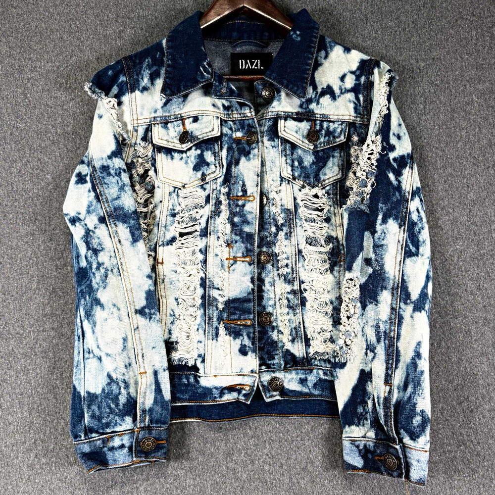 DAZE Womens Large Distressed Bleach Wash Denim Jacket SLAY Graphic Y2K Grunge